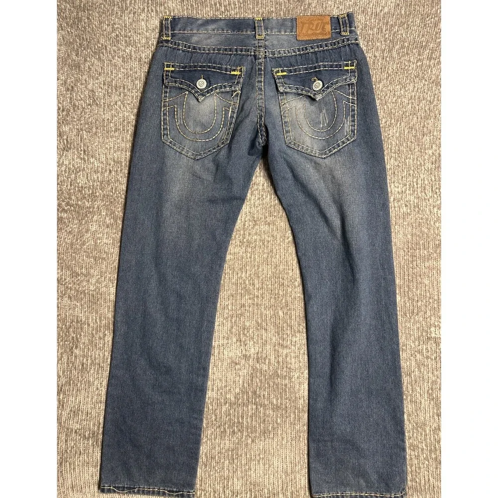 TRUE RELIGION Jeans Mens 36x33 Straight Leg Blue Denim Yellow Stitching